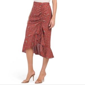 MAX STUDIO Red Multi Crepe Ruched
Midi Skirt